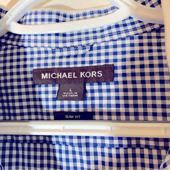 Michael Kors Slim Fit Blouse Blue White Check Collared & Fitted Sz Large - Picture 3 of 6